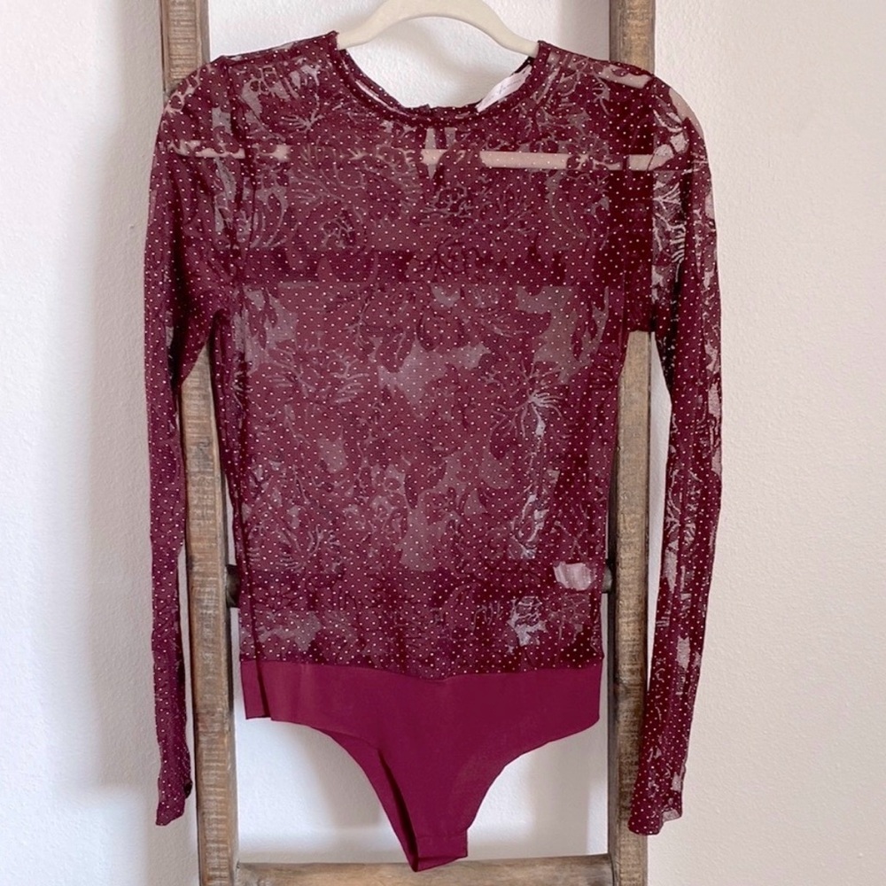 Ces Femme floral mesh Burgundy Lace woman’s bodysuit - Picture 3 of 13